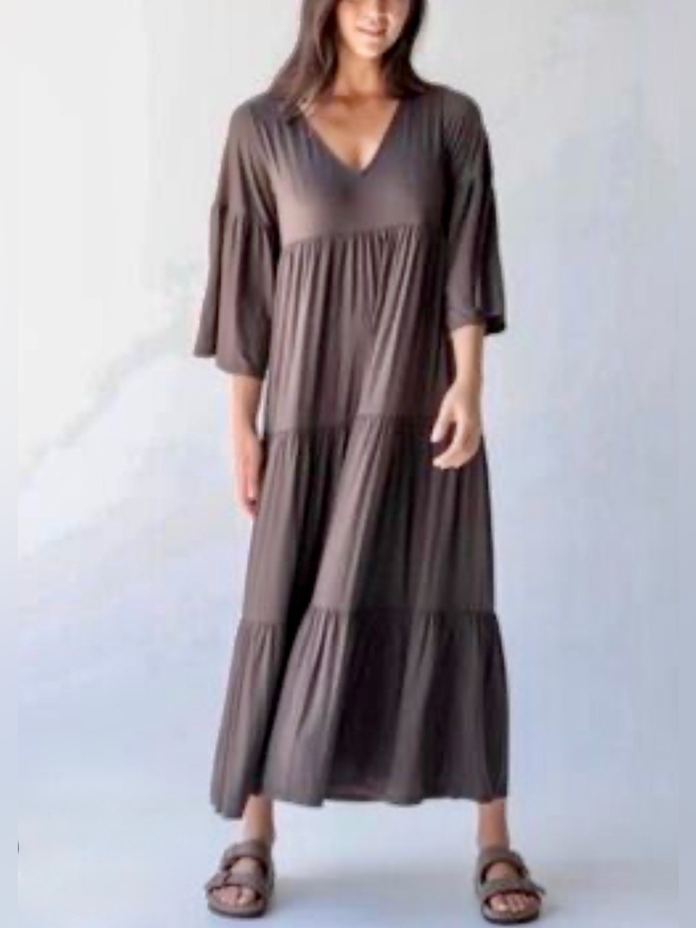 Natural Life Charlotte Tiered Maxi Dress Brown Boho Bell Sleeve LXL Soft Stretch